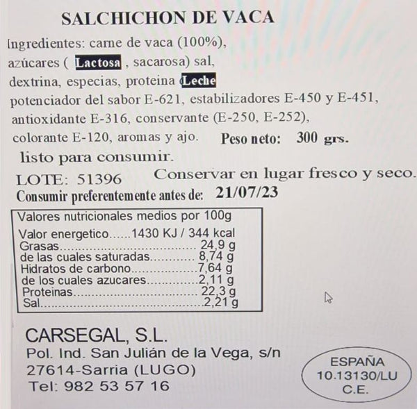 SALCHICHÓN CURADO DE VACA